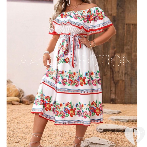 Boho Plus Size Floral Print Ruffle Off Shoulder Belt Dress - Picture 3 of 3